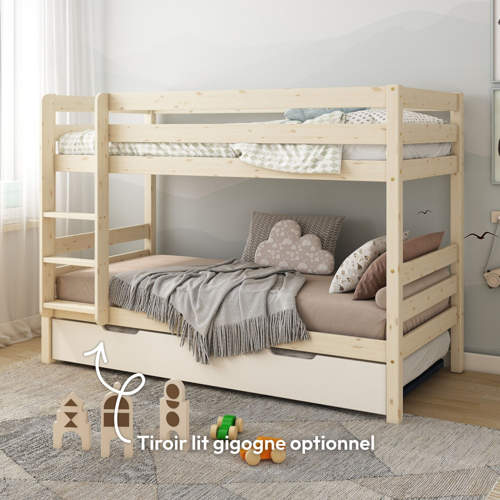 Lit superposé enfant 90x190 ISIDORE naturel avec tiroir lit gigogne