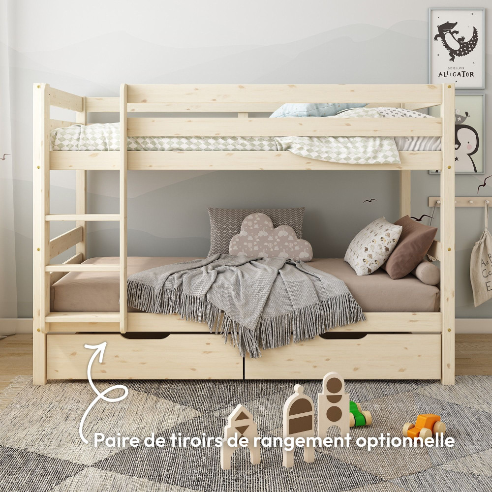 Lit superposé enfant 90x190 ISIDORE naturel avec tiroirs