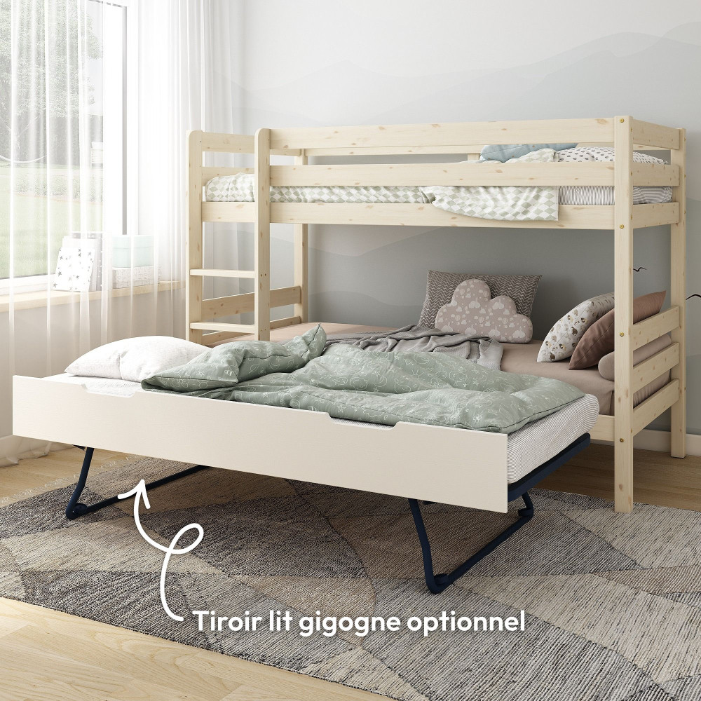 Lit superposé enfant 90x190 ISIDORE naturel avec tiroir lit gigogne